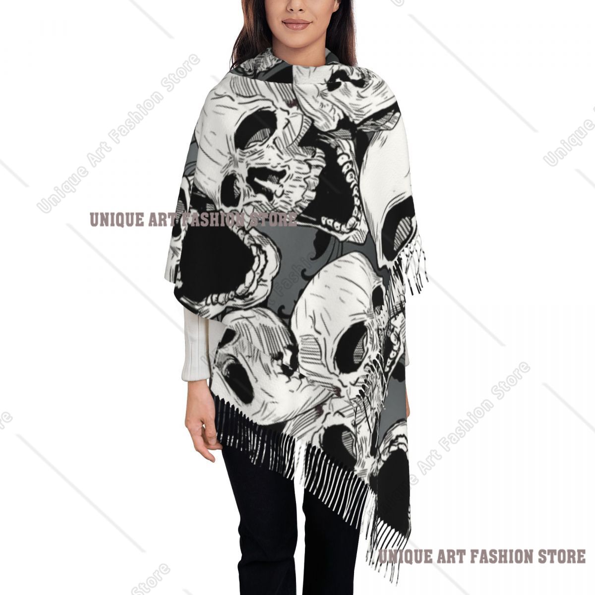 Pashmina Wrap Large - Sciarpa da donna con nappa, teschio
